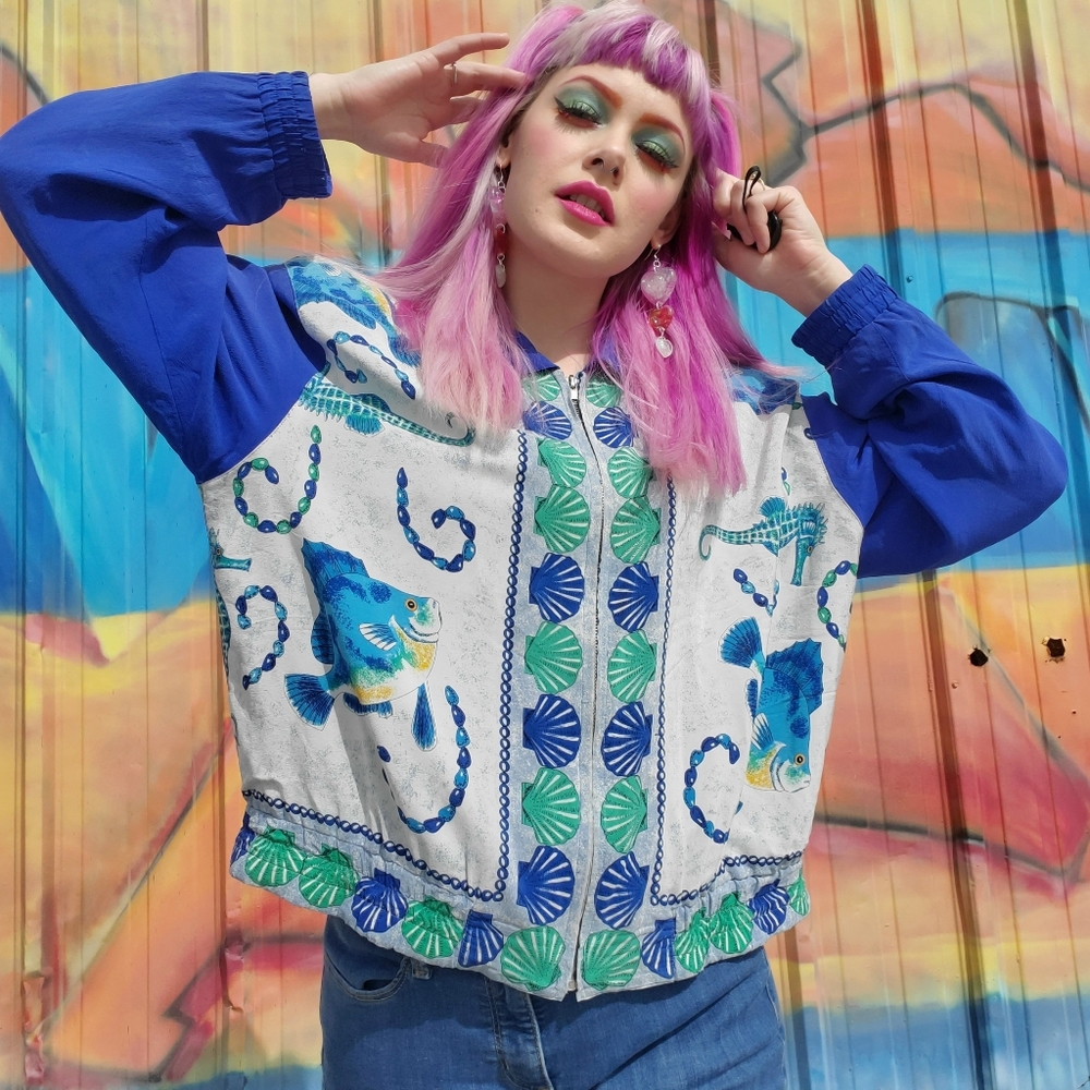 VTG Silk Jacket 🐡🐠 Literally Emoji Fish 🐠🐡🏝